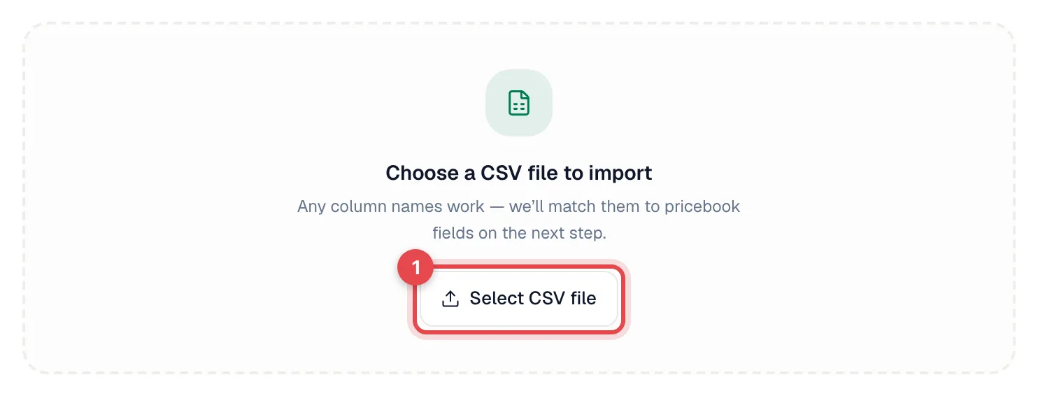 The first step of the pricebook import with the Select CSV file button highlighted