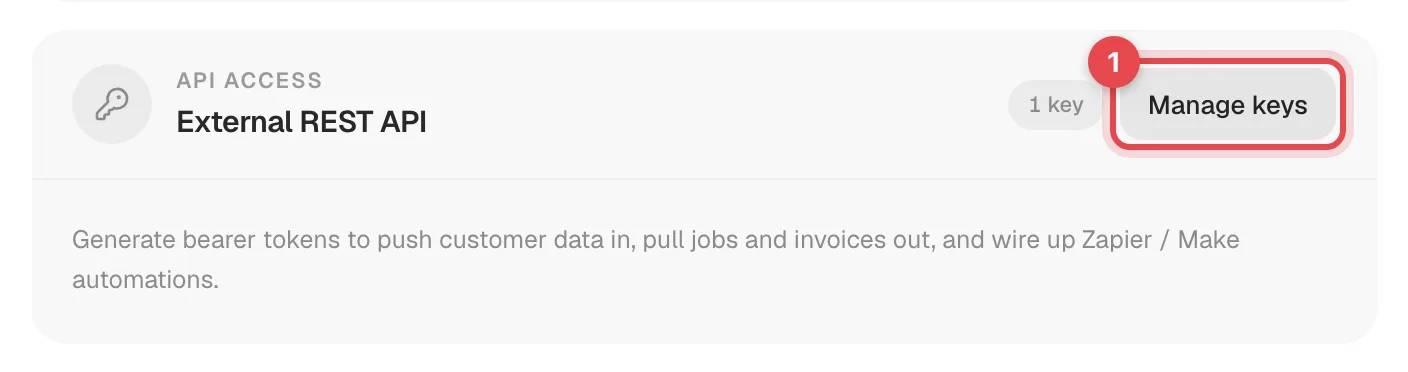 External REST API card on the Integrations settings page with Manage keys highlighted