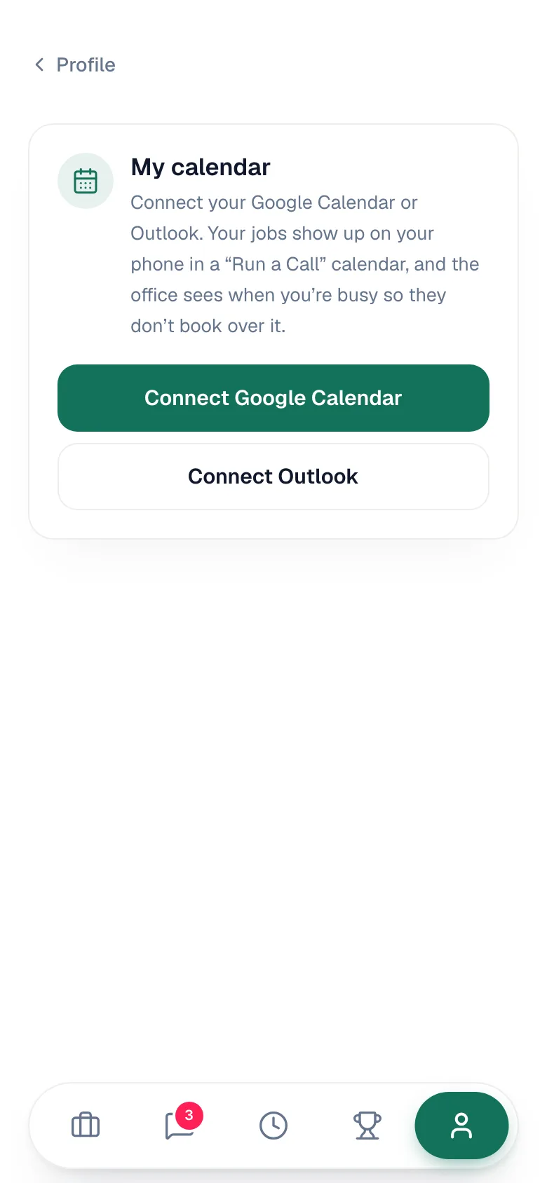 Field app My calendar screen with Connect Google Calendar and Connect Outlook buttons