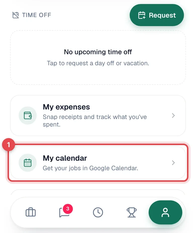 Field app profile with the My calendar row highlighted