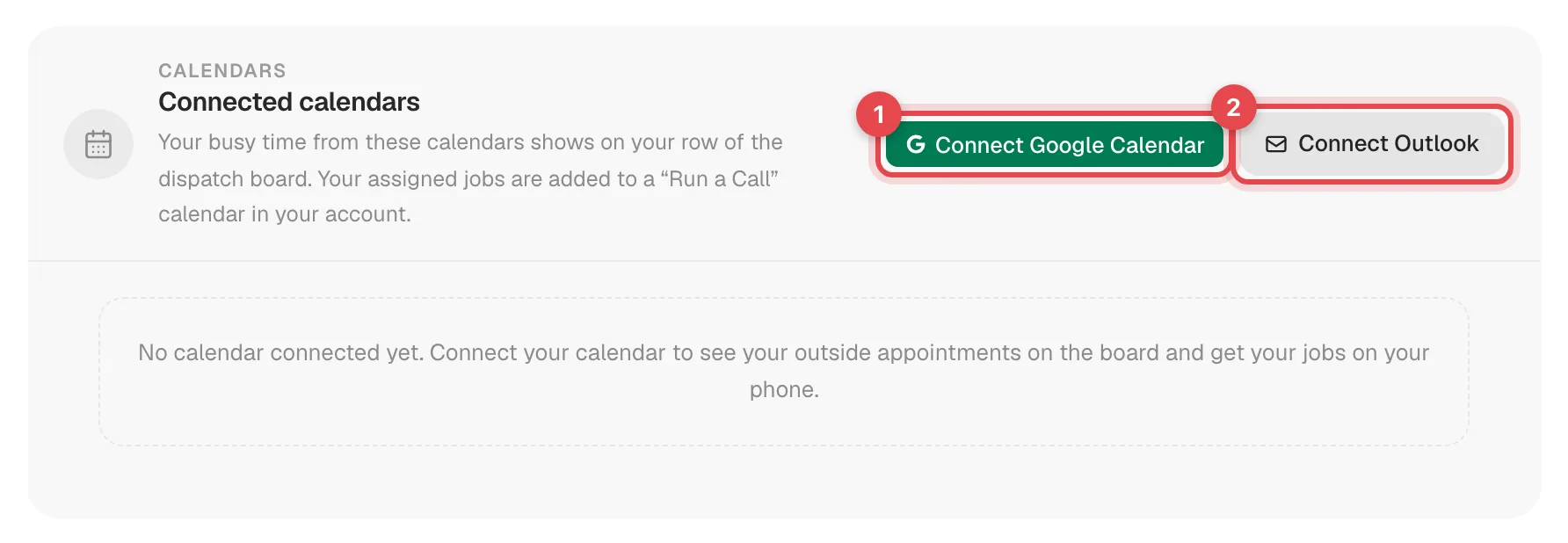 Connected calendars card in Settings, Profile with the Connect Google Calendar and Connect Outlook buttons highlighted