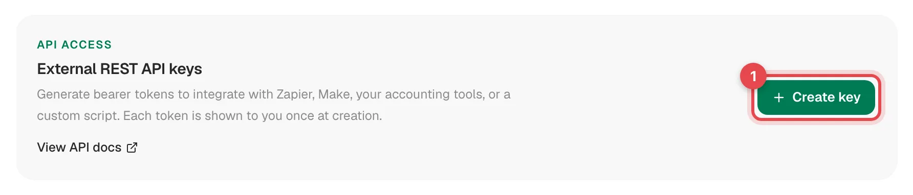 External REST API keys header with the Create key button highlighted
