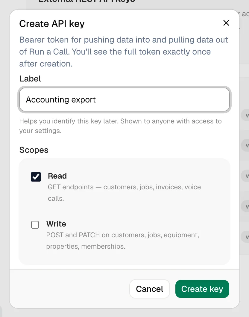 Create API key dialog with a label typed in and the Read scope checked