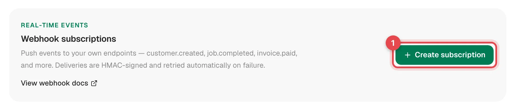 Webhook subscriptions header with the Create subscription button highlighted