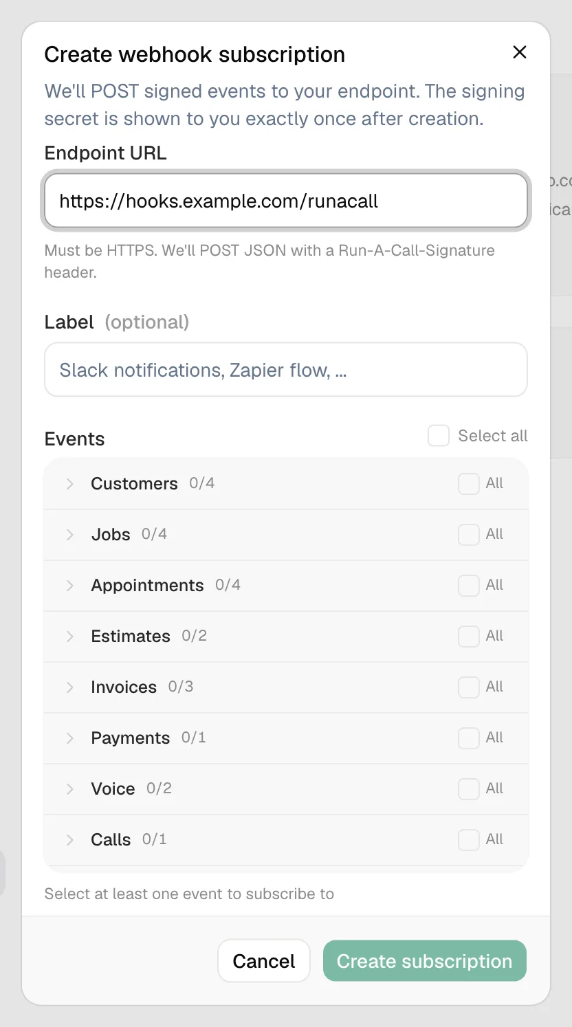 Create webhook subscription dialog with an endpoint URL typed in and event groups listed