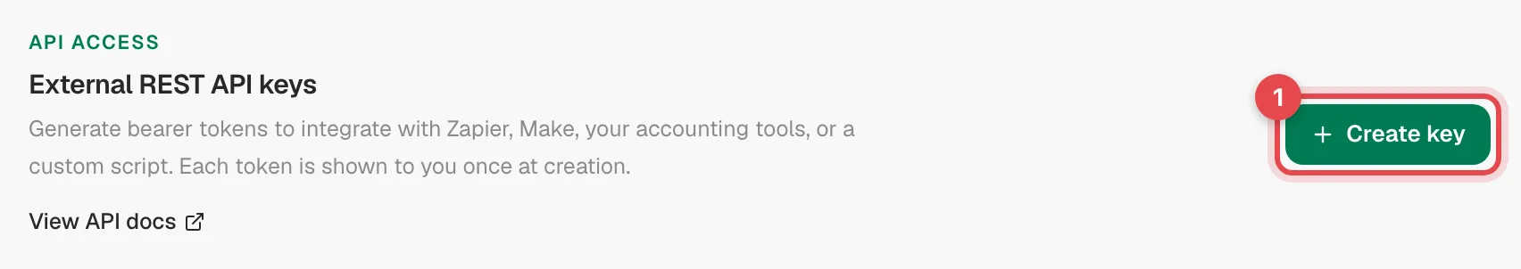 The External REST API keys page with the Create key button highlighted