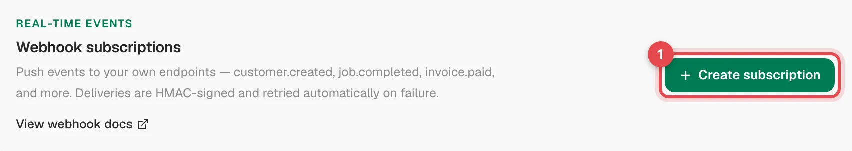 The Webhook subscriptions page with the Create subscription button highlighted