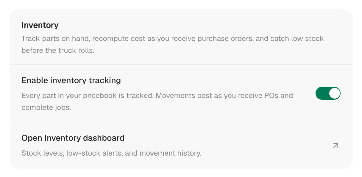 Inventory section of Settings with Enable inventory tracking switched on and the Open Inventory dashboard link