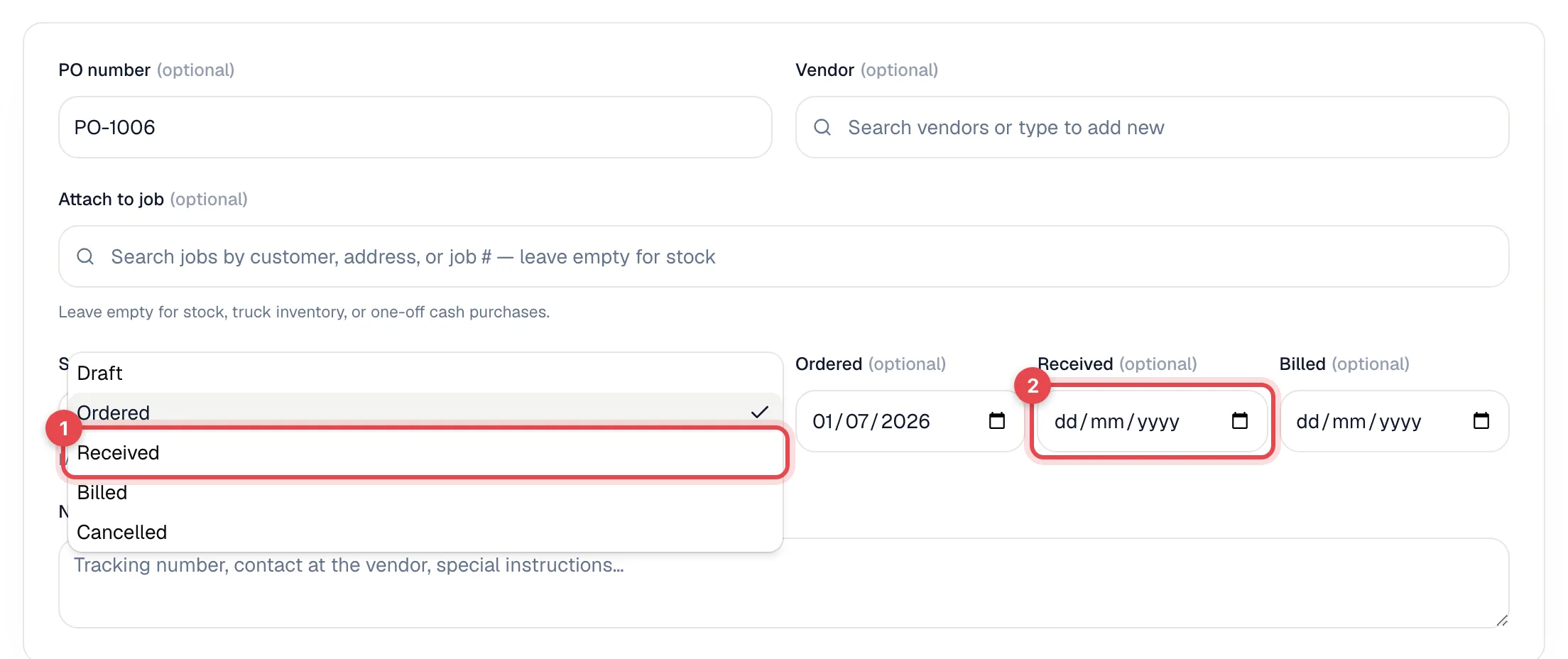 The purchase order form with Received highlighted in the Status list and the Received date highlighted