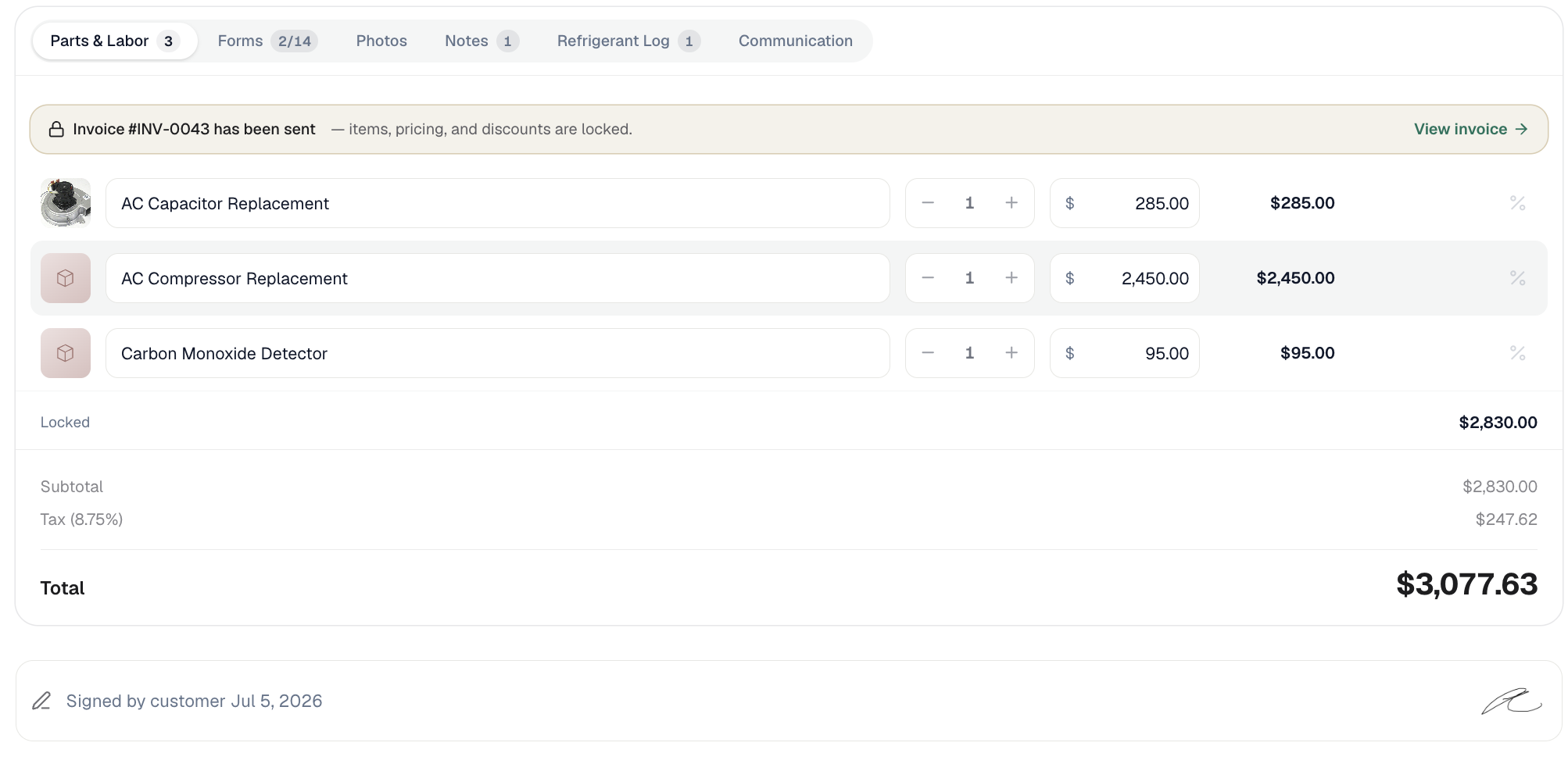 Pricebook parts on a job as line items
