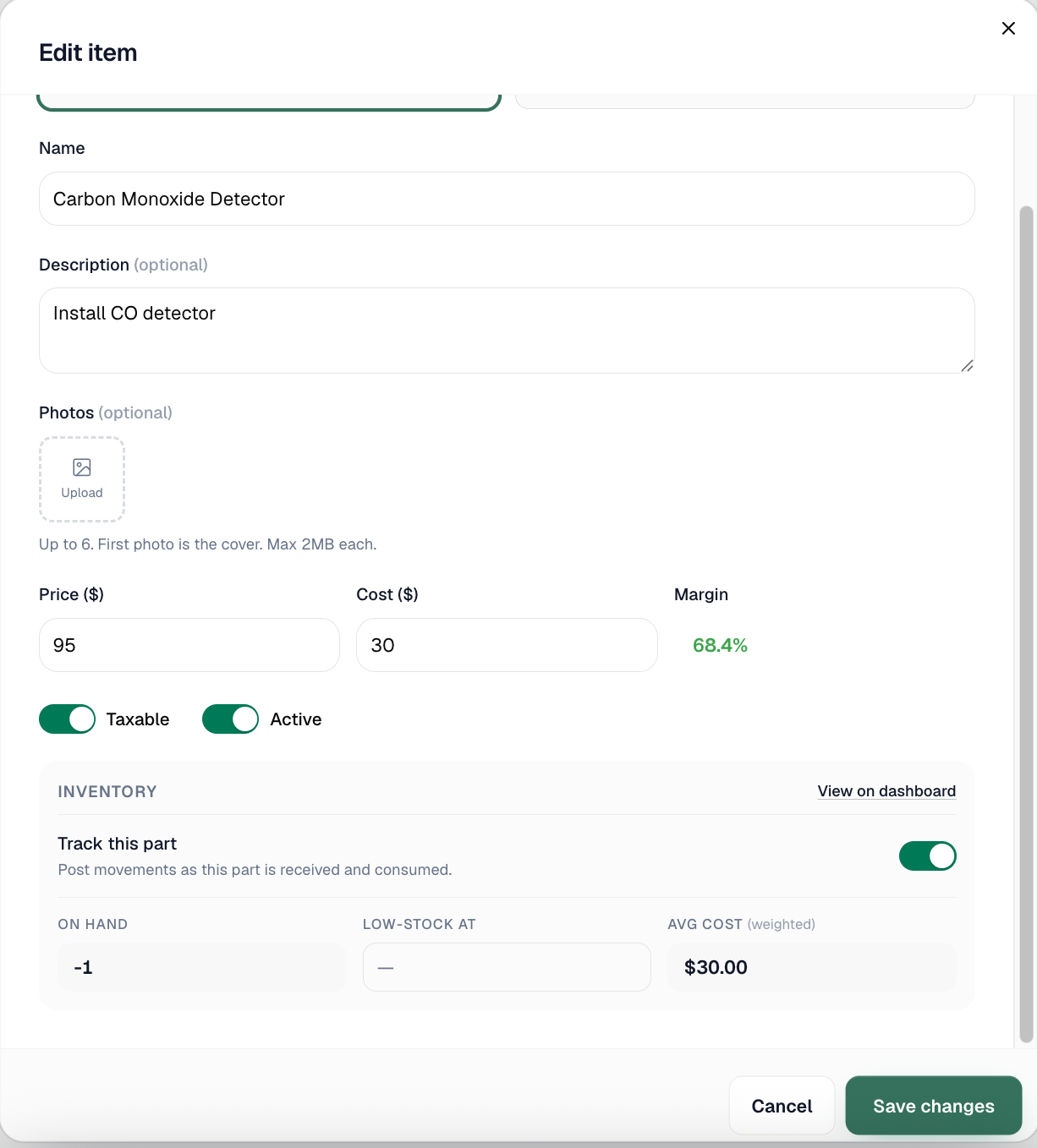 Track inventory + Reorder point fields on a pricebook item