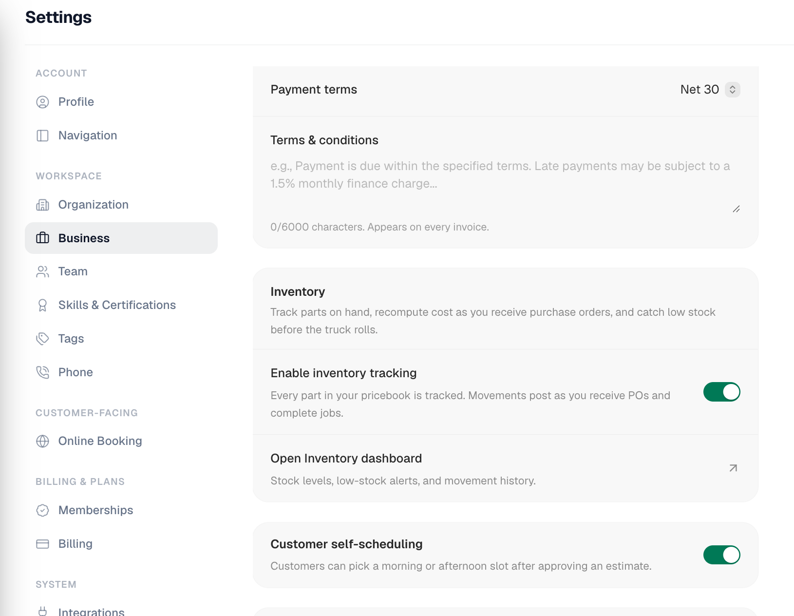 Inventory tracking toggle in Settings → Business