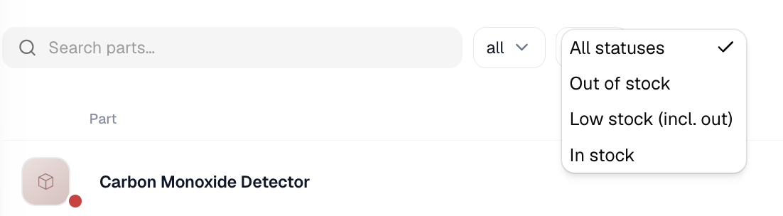 Stock status filter dropdown