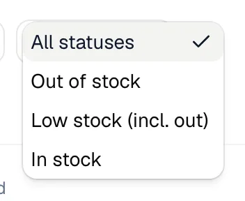 Status filter with All statuses, Out of stock, Low stock (incl. out) and In stock