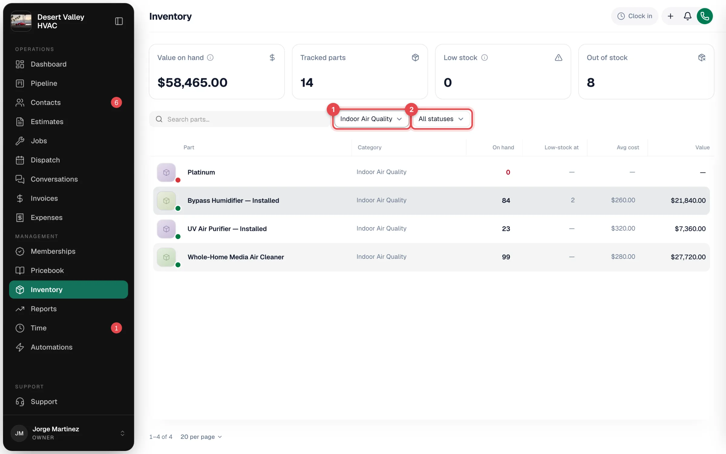 Inventory page filtered to Indoor Air Quality parts, with summary cards and the category and status filters highlighted