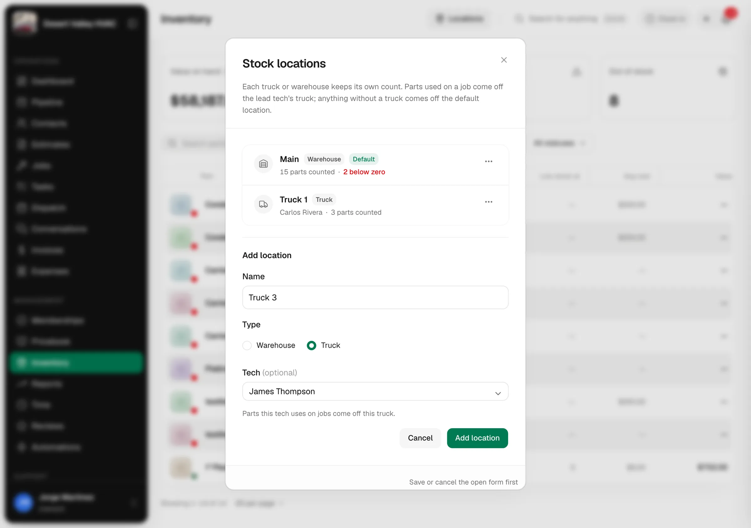 Stock locations window with the Add location form open: Name, Type set to Truck and the Tech select