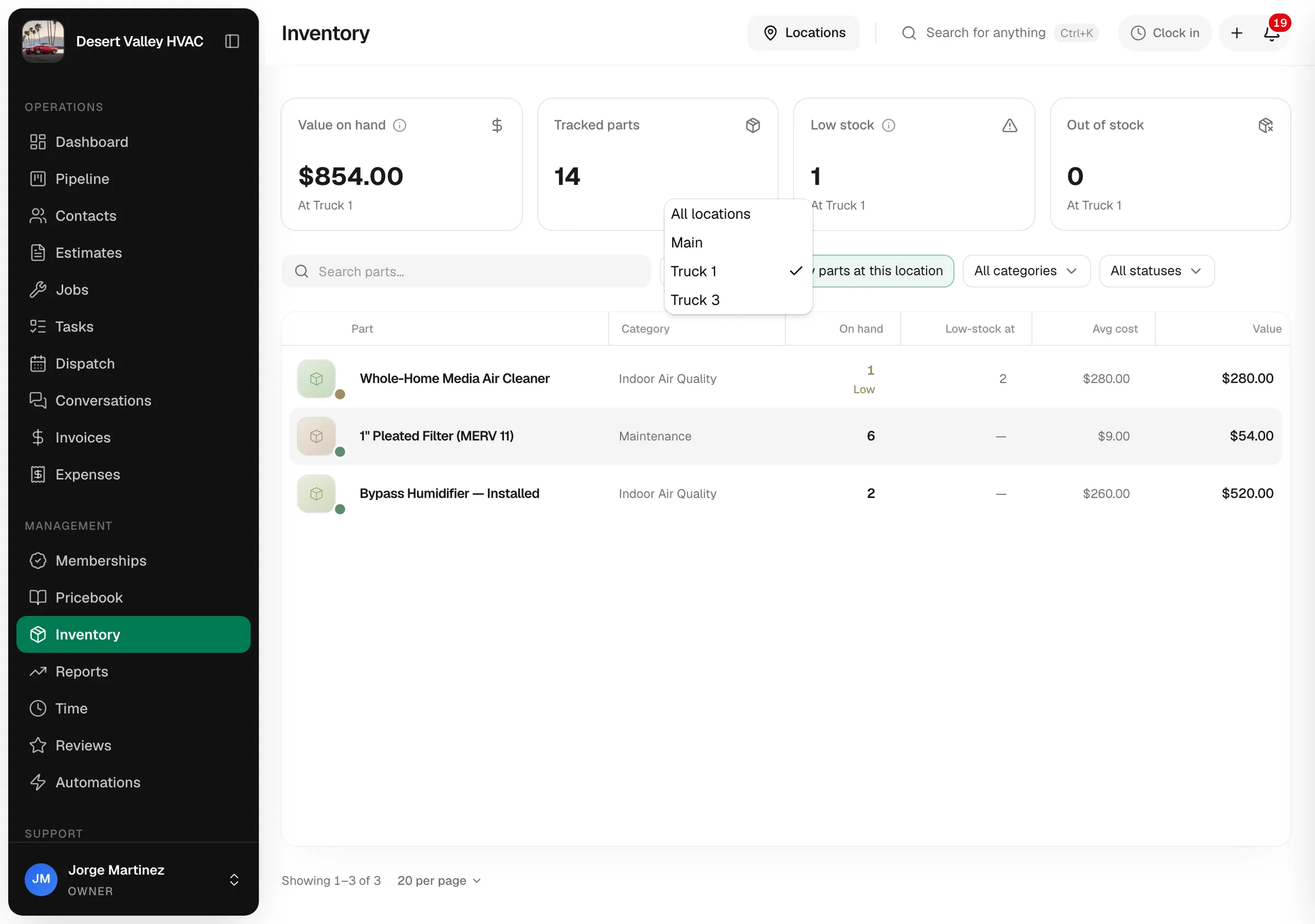 Inventory page with the location switcher open, showing All locations and the truck and warehouse names