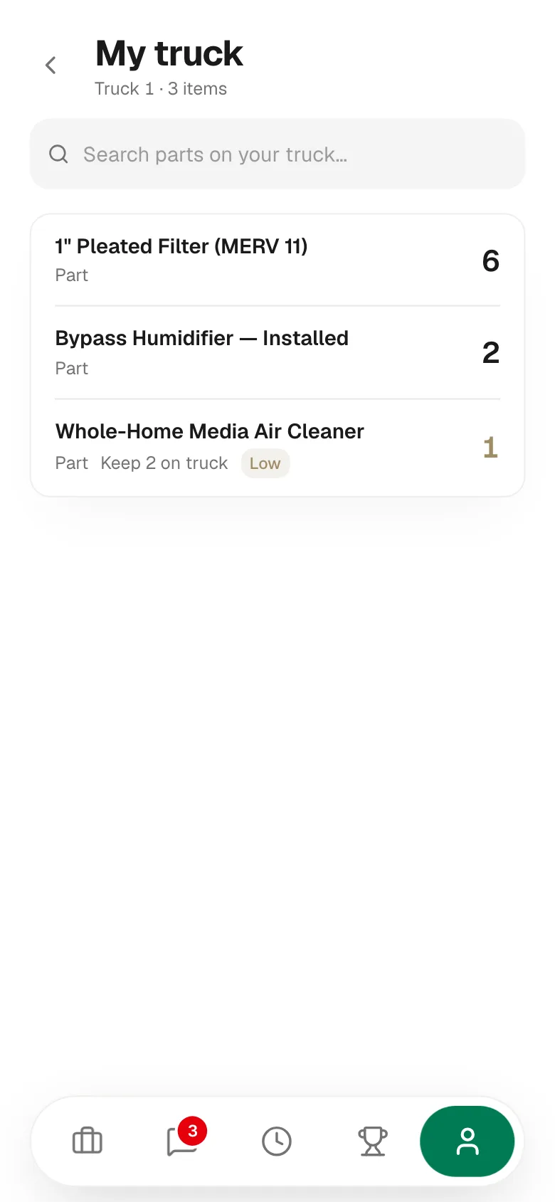 My truck screen in the mobile app with the search box, a few parts with counts, one marked Low with Keep 2 on truck