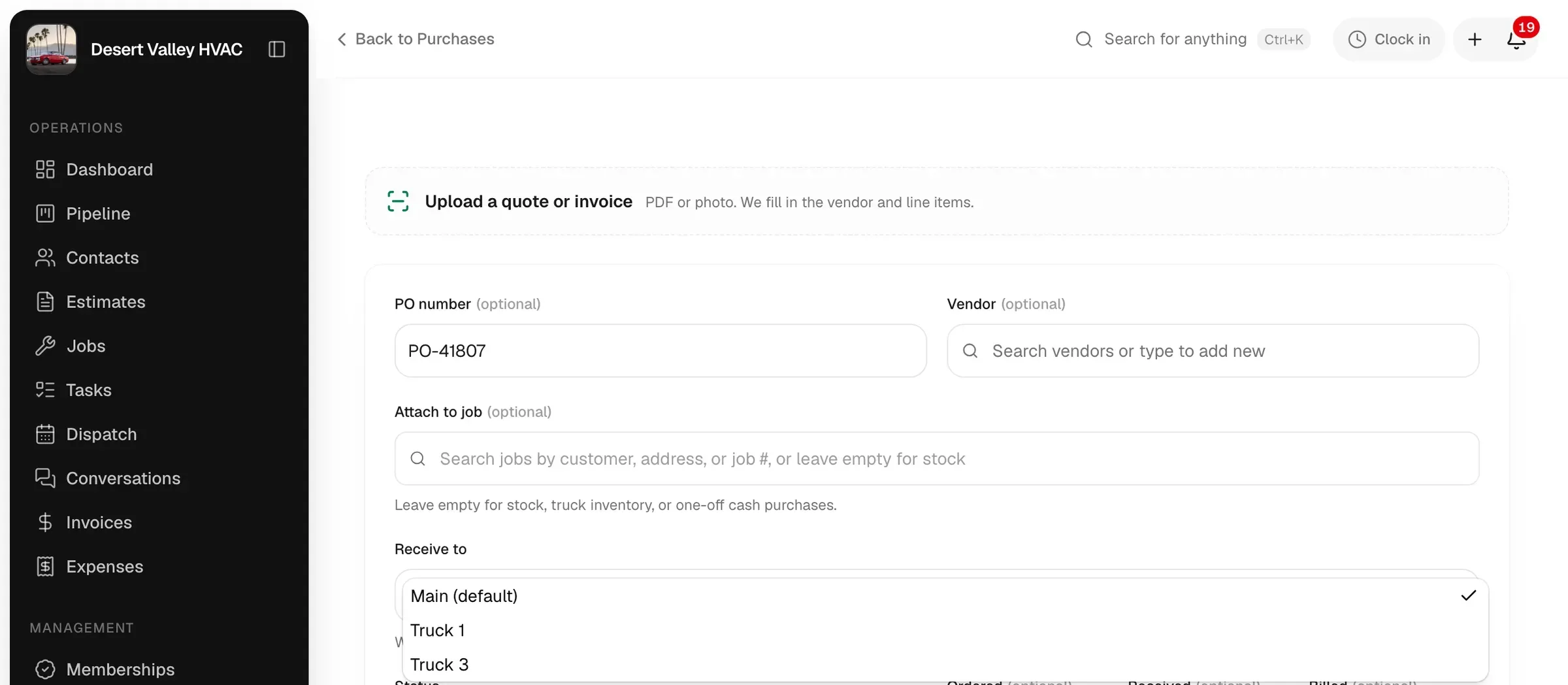 New purchase order form with the Receive to select open, the default warehouse marked (default) and the trucks listed