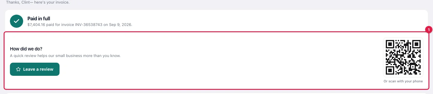 The payment page after a payment, with How did we do? and the Leave a review button under Payment received