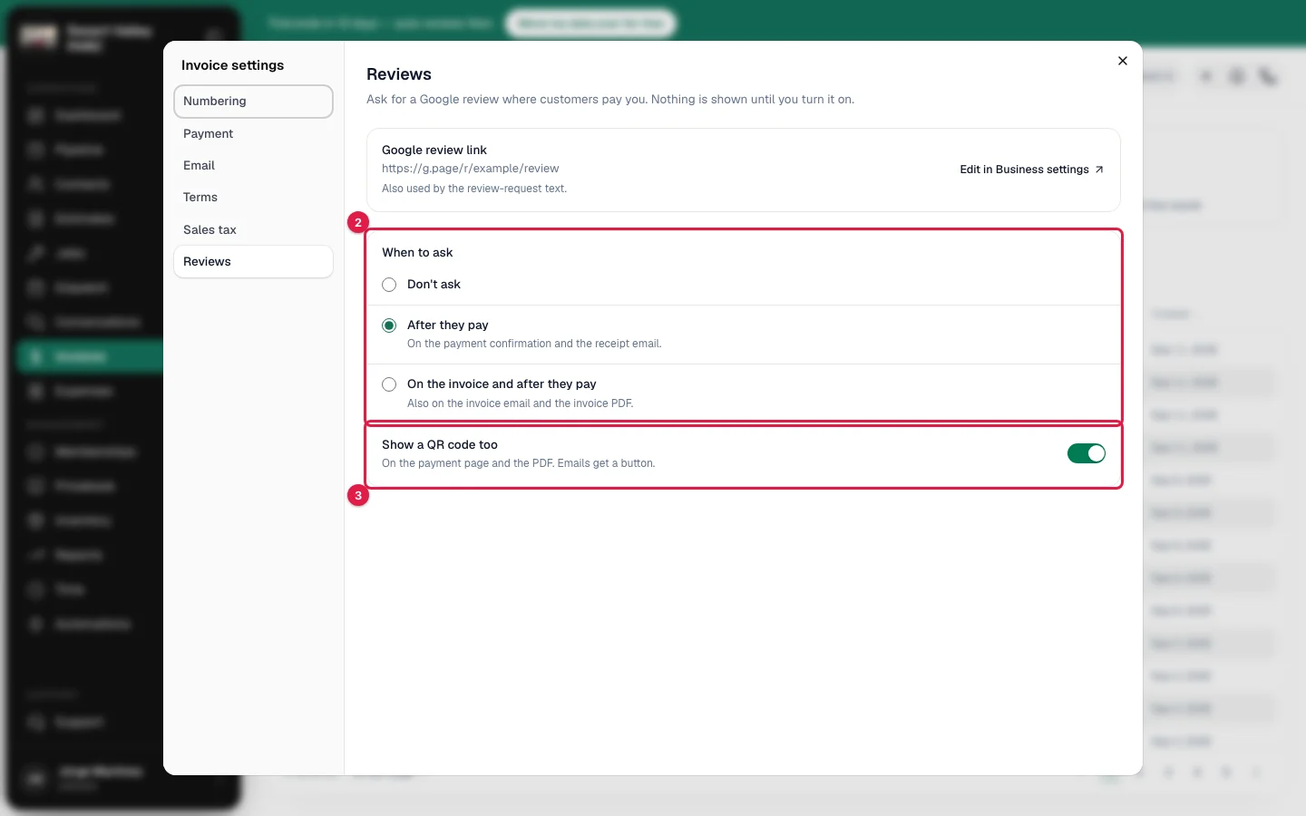 The Reviews section of Invoice settings, with the three options and the QR code switch highlighted
