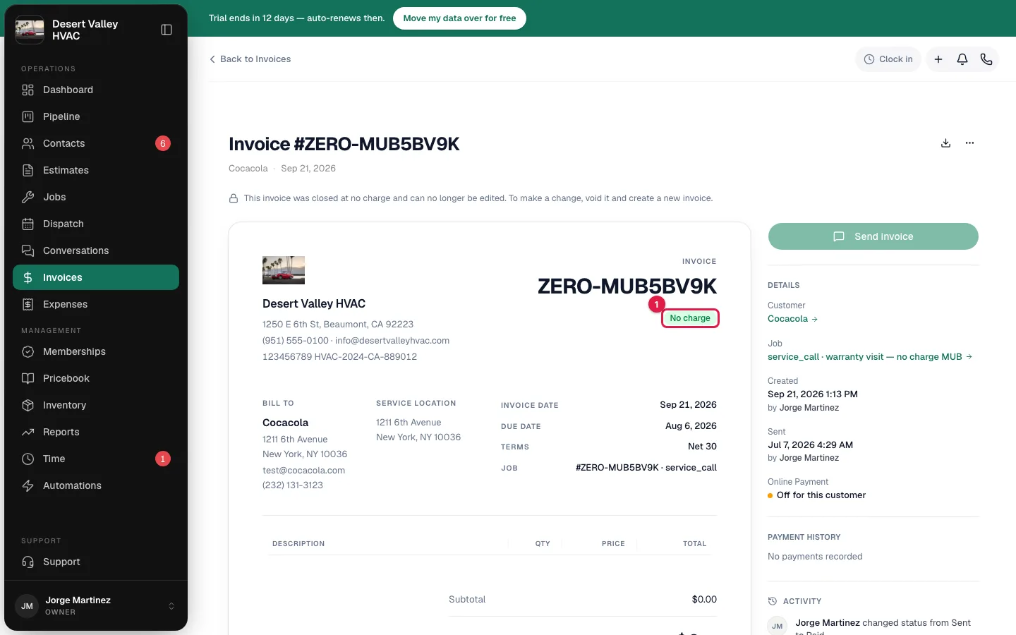 A closed $0 invoice showing the No charge badge
