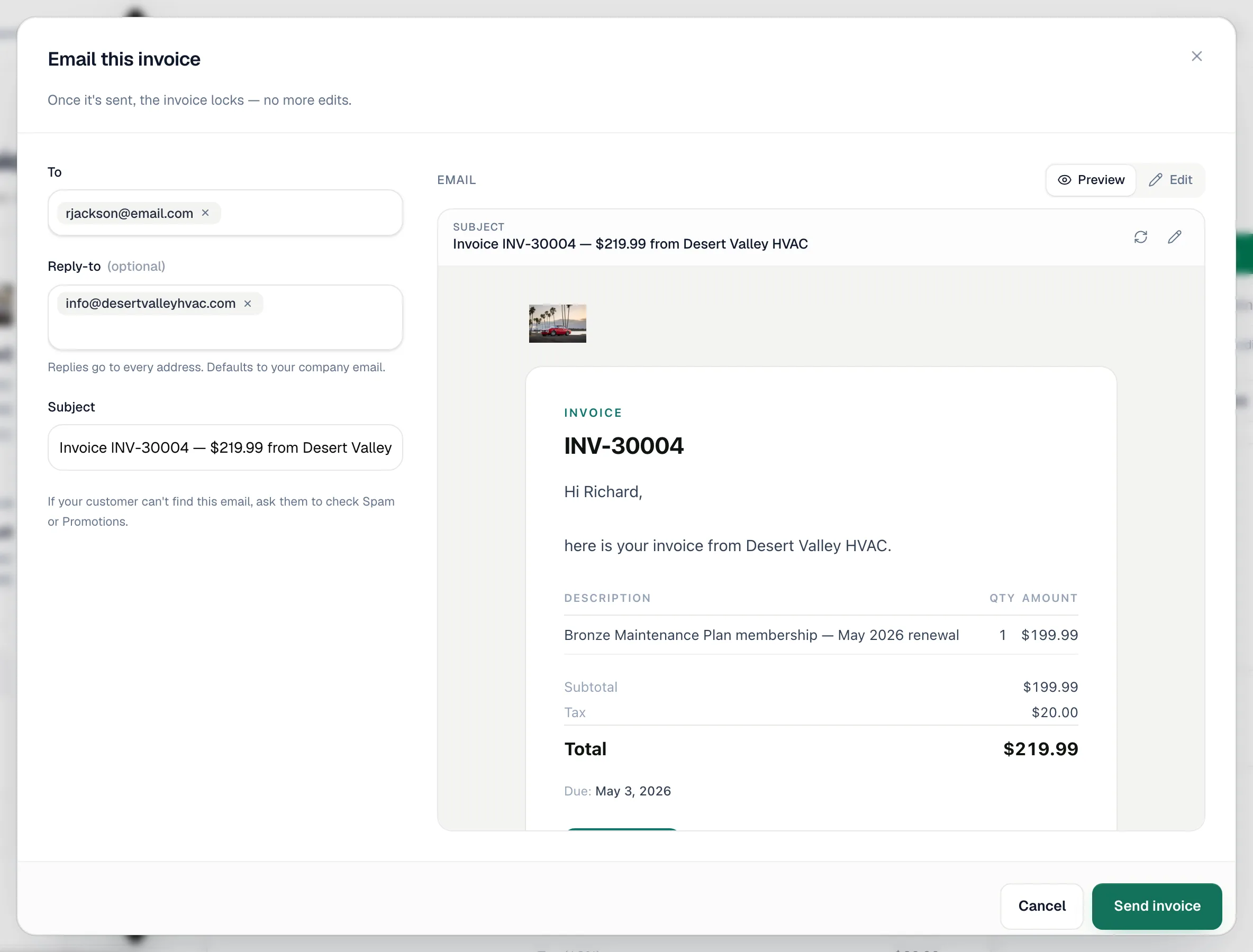 Email this invoice window with To, Reply-to, Subject and the email preview, and the Send invoice button
