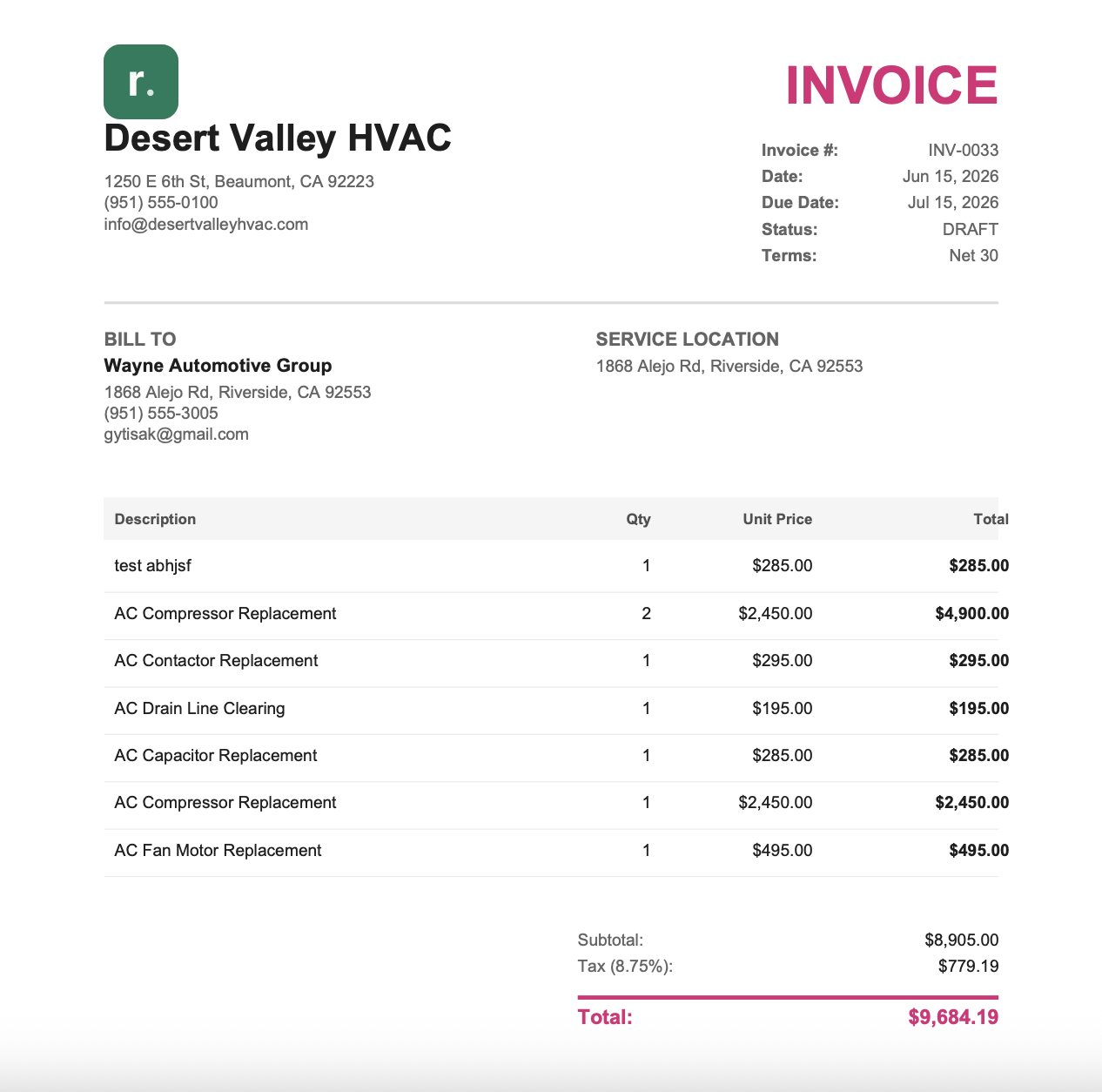 Customer-facing invoice page