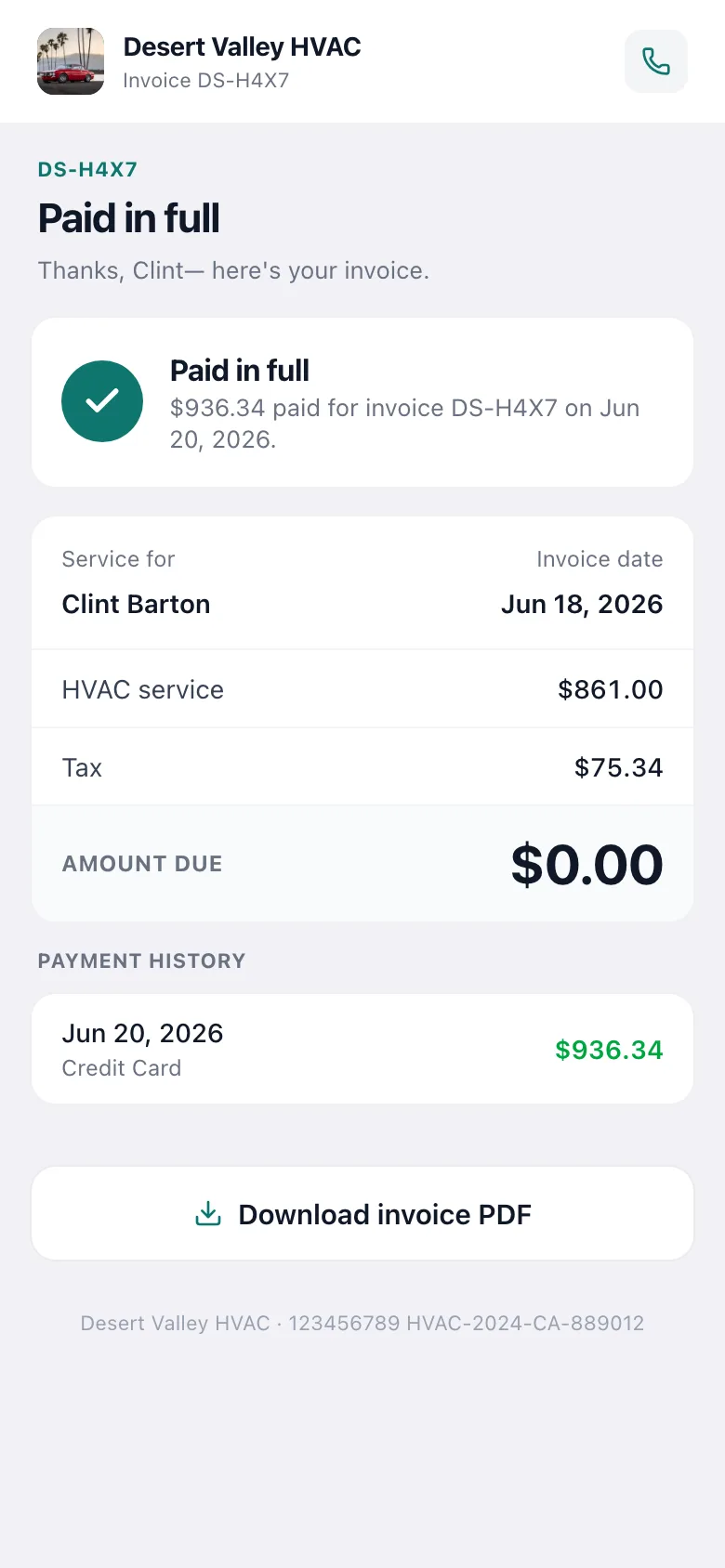 Paid invoice on the customer's pay page with Payment history and Download invoice PDF