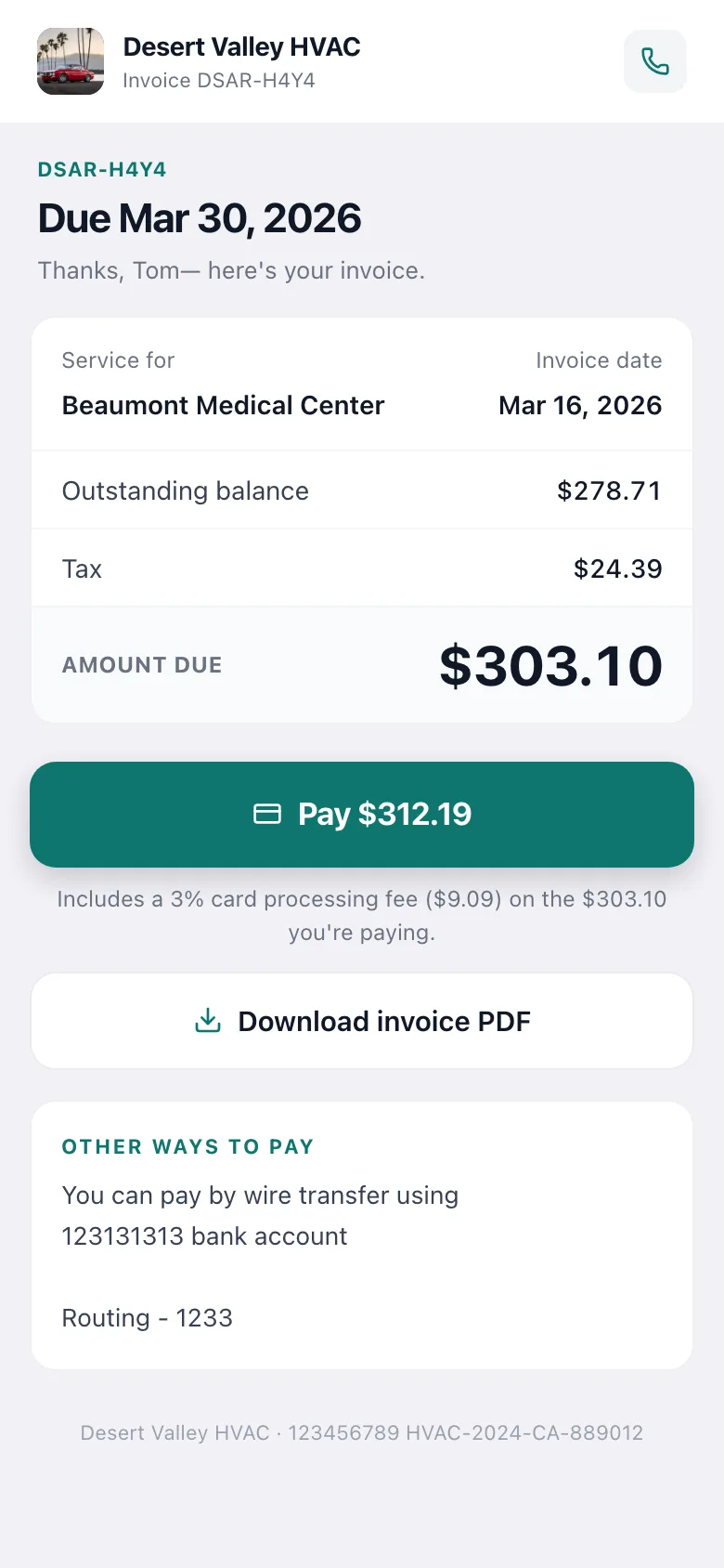 Customer pay page on a phone: invoice number, due date, amount due, Pay button with card fee note, Download invoice PDF and other ways to pay
