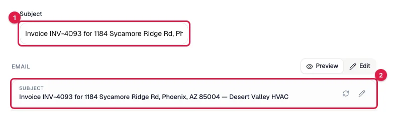 The Subject box in the send window and the same subject shown above the email preview