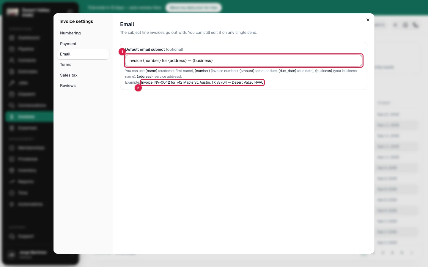 The Email section of Invoice settings with the Default email subject box and its example line highlighted