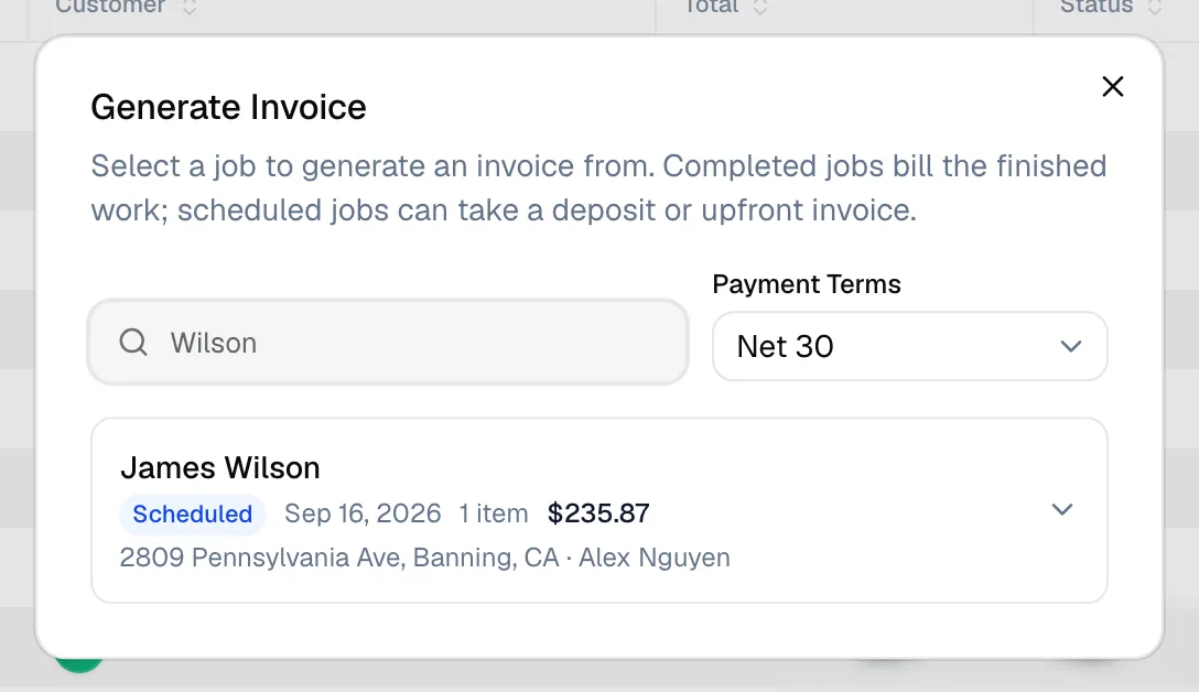 Generate Invoice window listing jobs ready to bill, with the Payment Terms picker