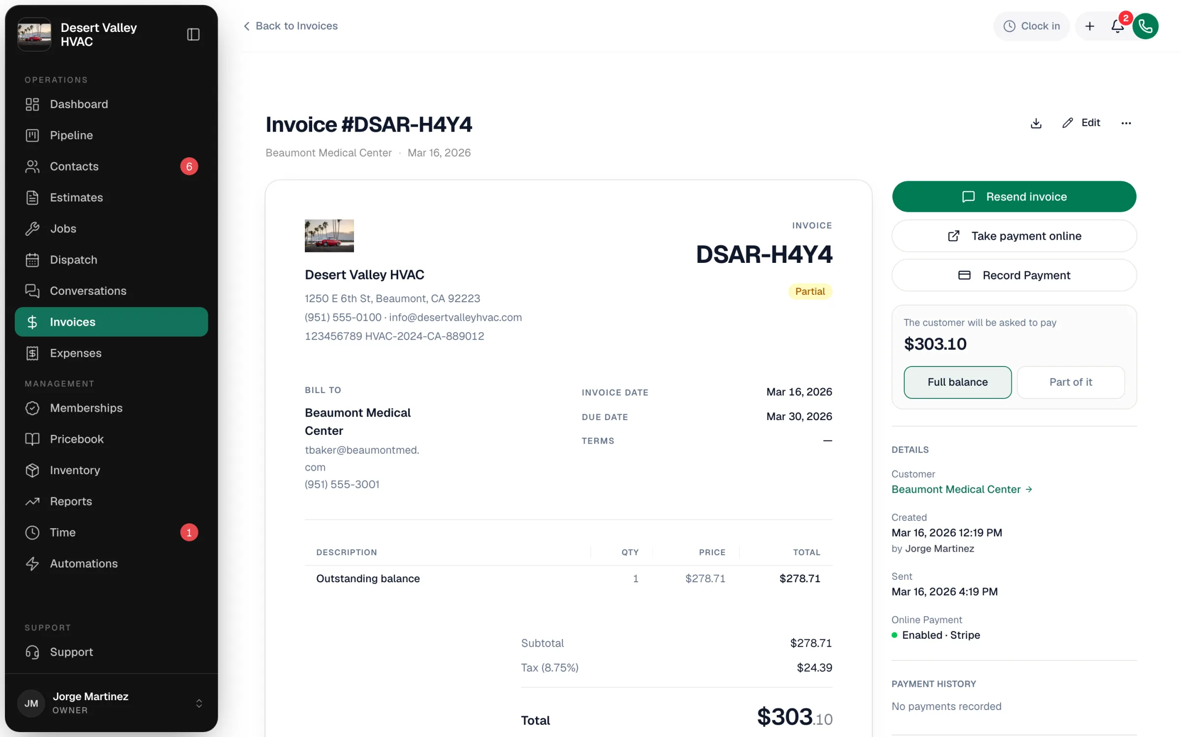 Invoice page showing the document and the actions panel