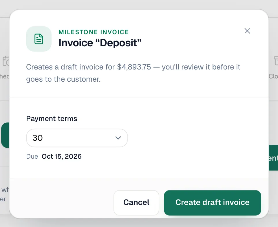 Milestone invoice window with Payment terms and the resulting due date