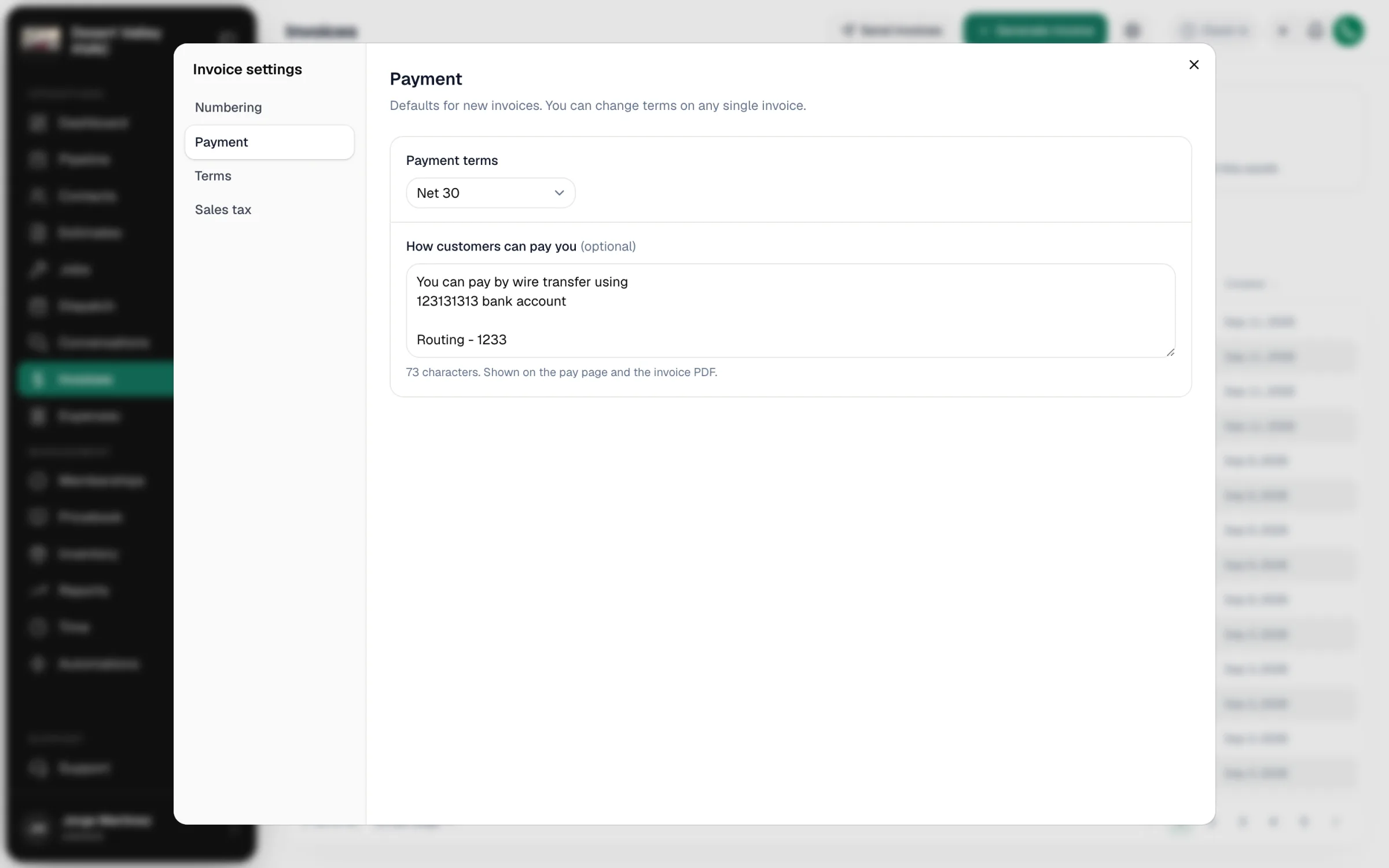 Invoice settings, Payment section, with Payment terms and How customers can pay you