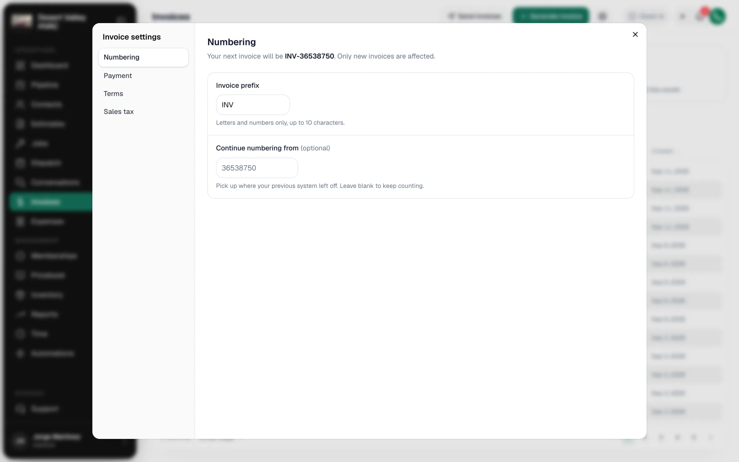 Invoice settings, Numbering section, with Invoice prefix and Continue numbering from