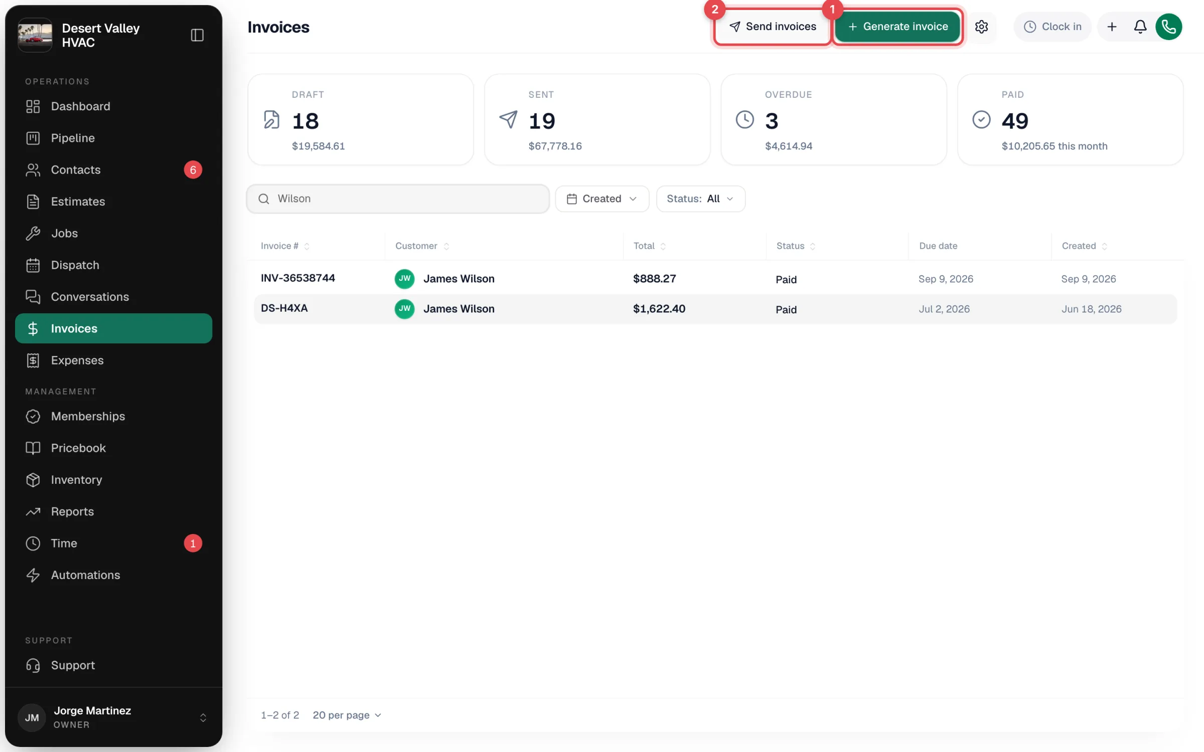 Invoices page with the Draft, Sent, Overdue and Paid tiles and the Status filter