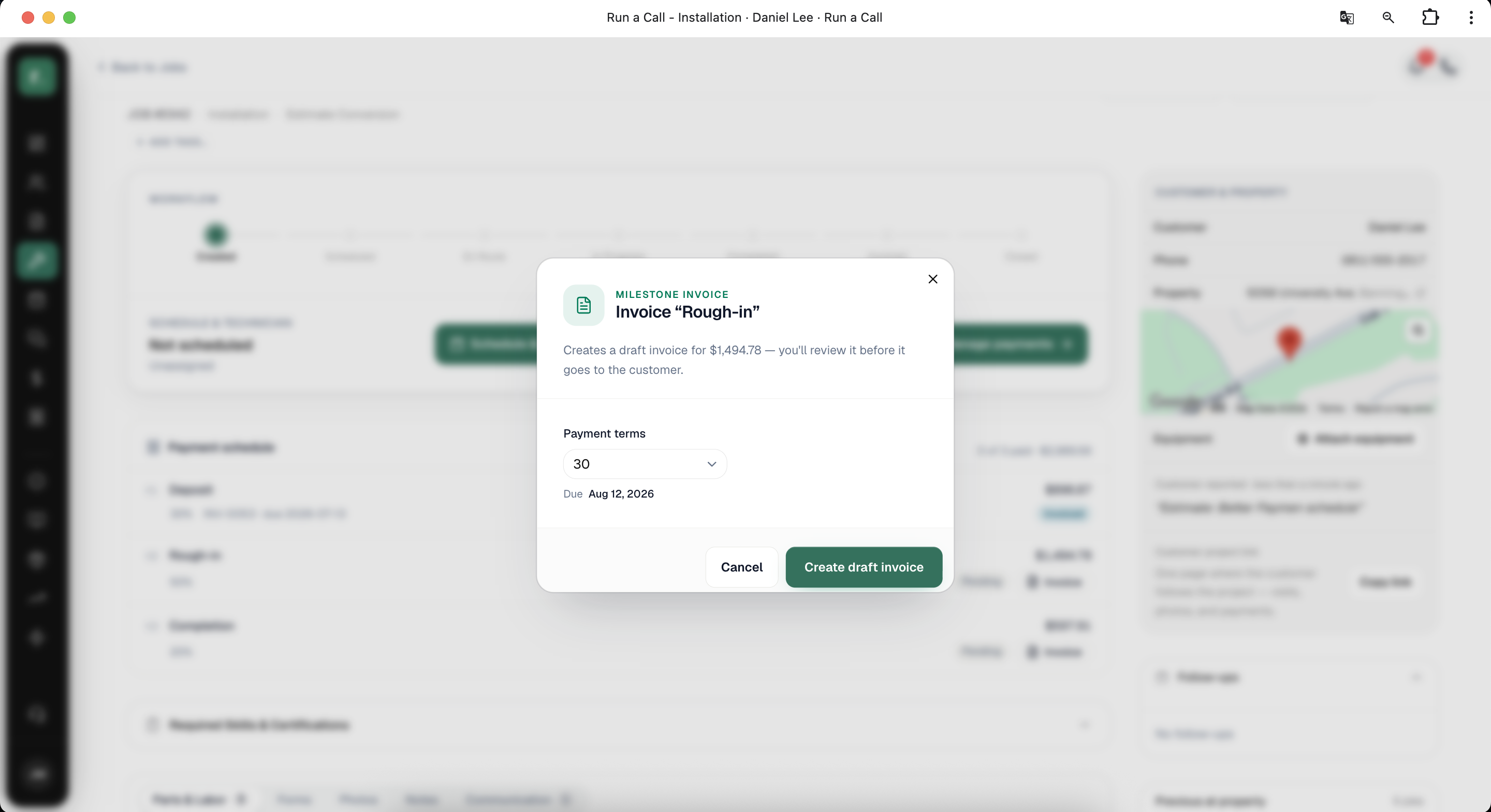 Milestone invoice dialog with terms picker