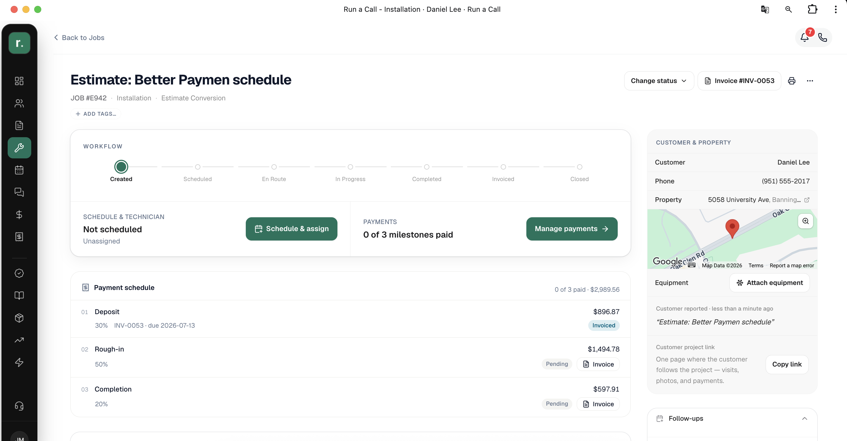 Payment schedule card on a job