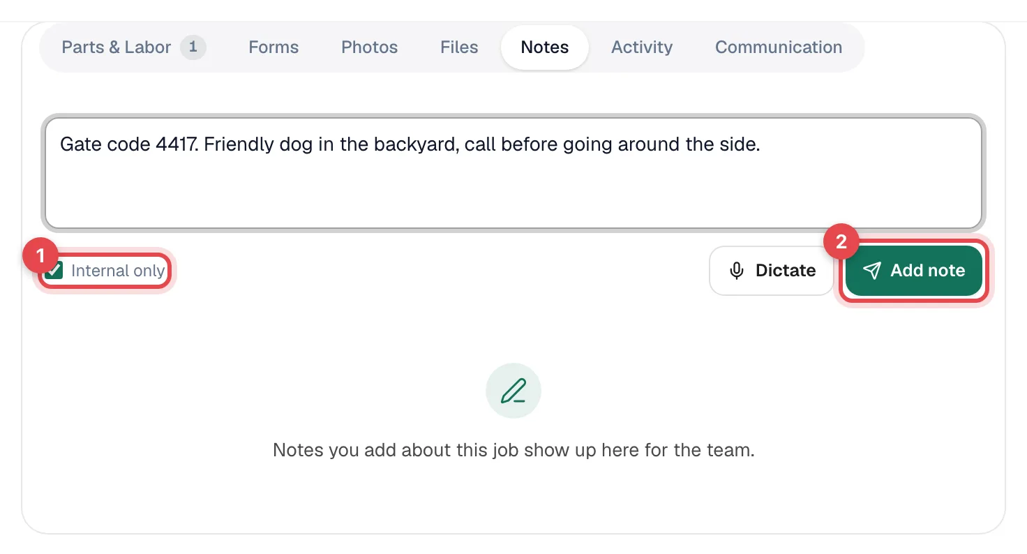 Notes tab on a job with a note typed in, the Internal only checkbox and the Add note button highlighted