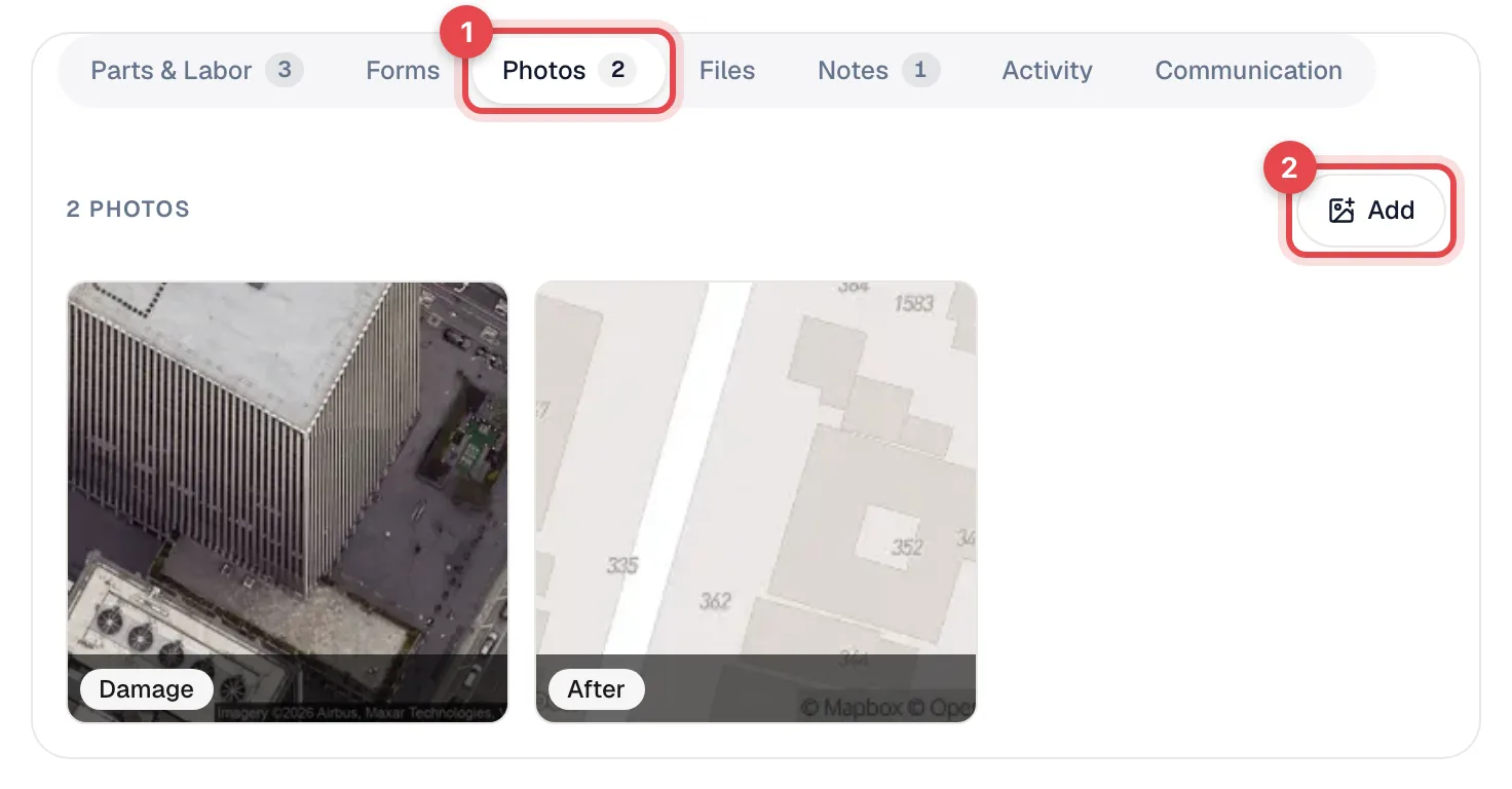 The job's Photos tab with the Add button highlighted and photos labeled with their categories
