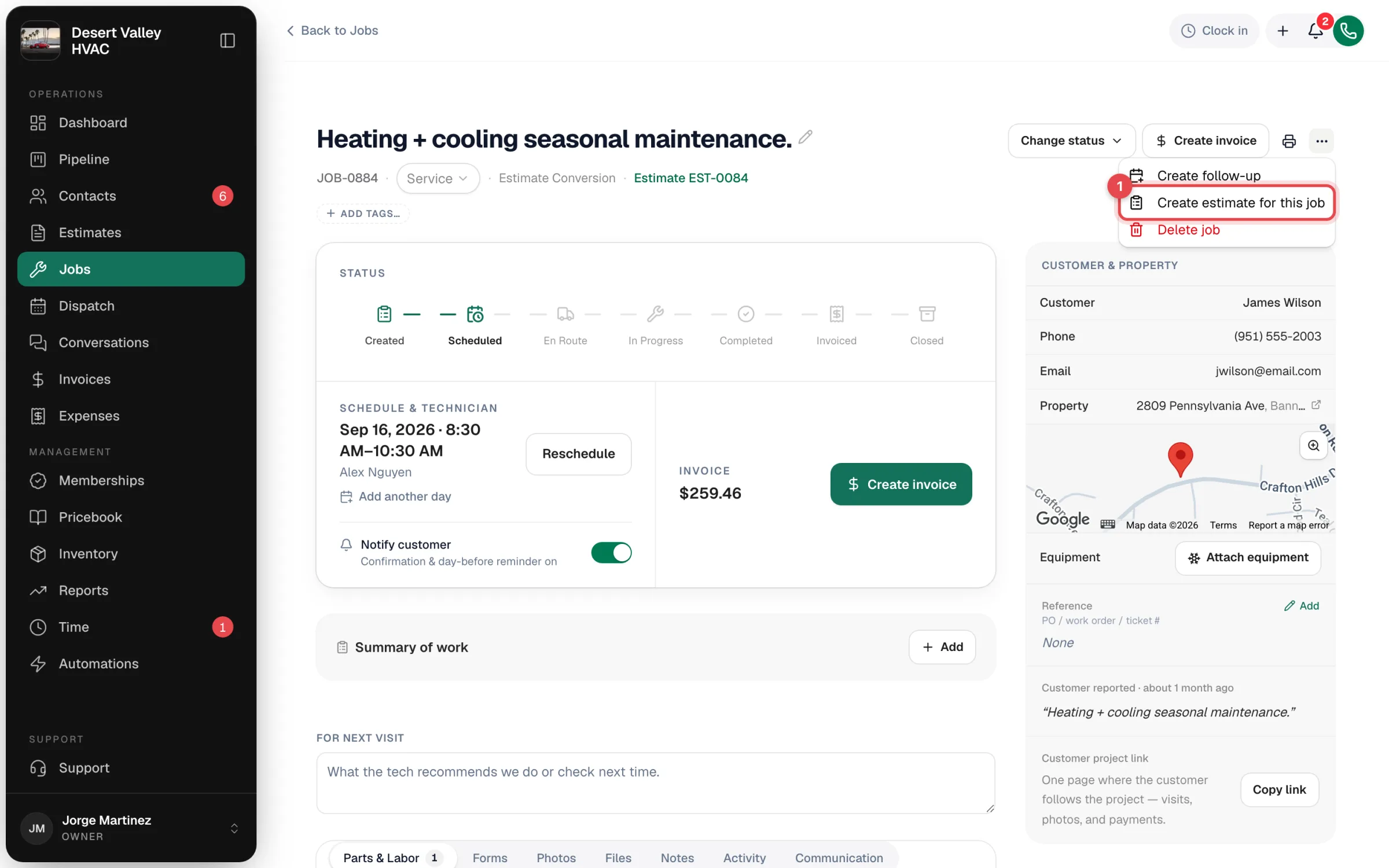 Job page with the more menu open and Create estimate for this job highlighted