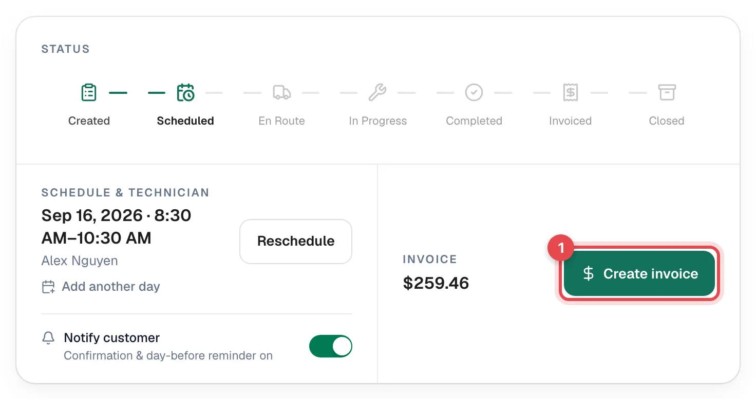 Job page status card with the Create invoice button highlighted
