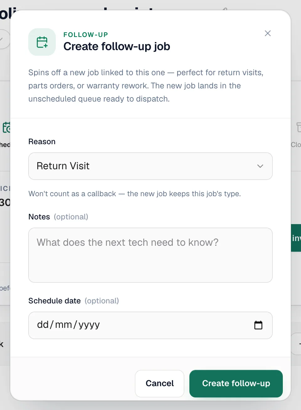 Create follow-up job dialog with Reason, Notes and Schedule date fields