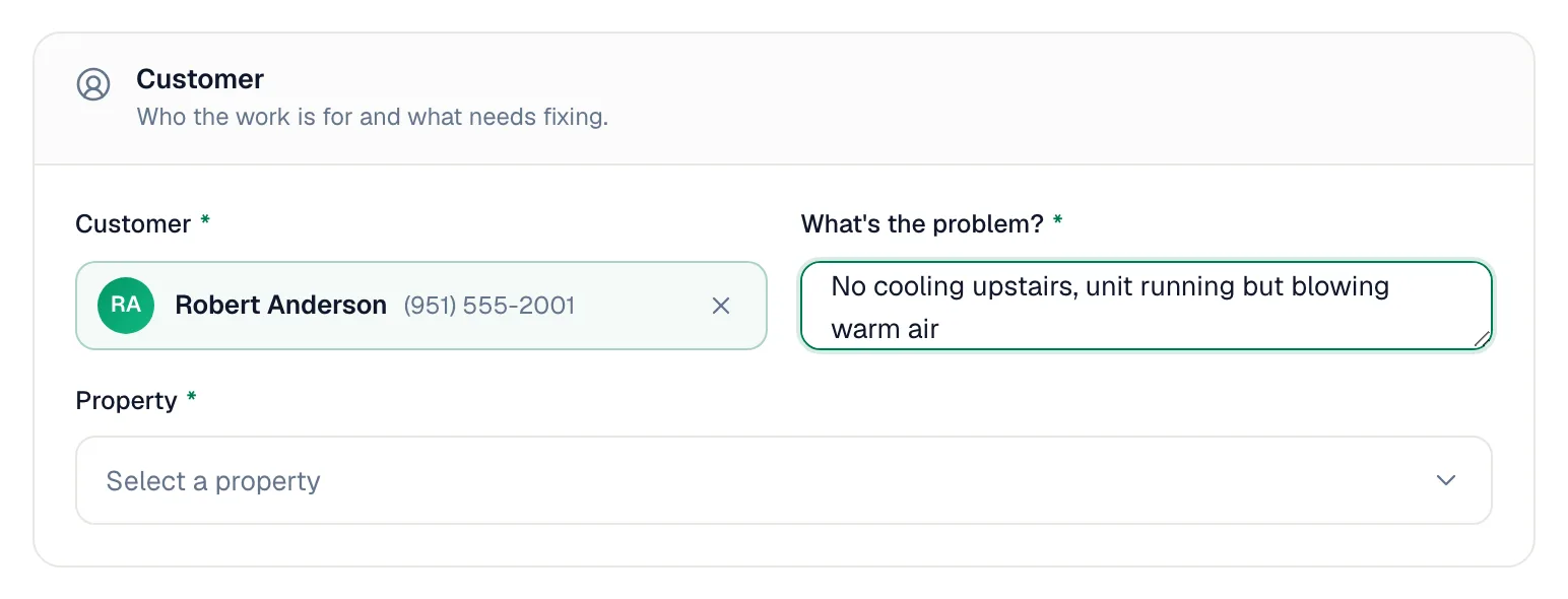 New job form with a customer selected and the problem description filled in