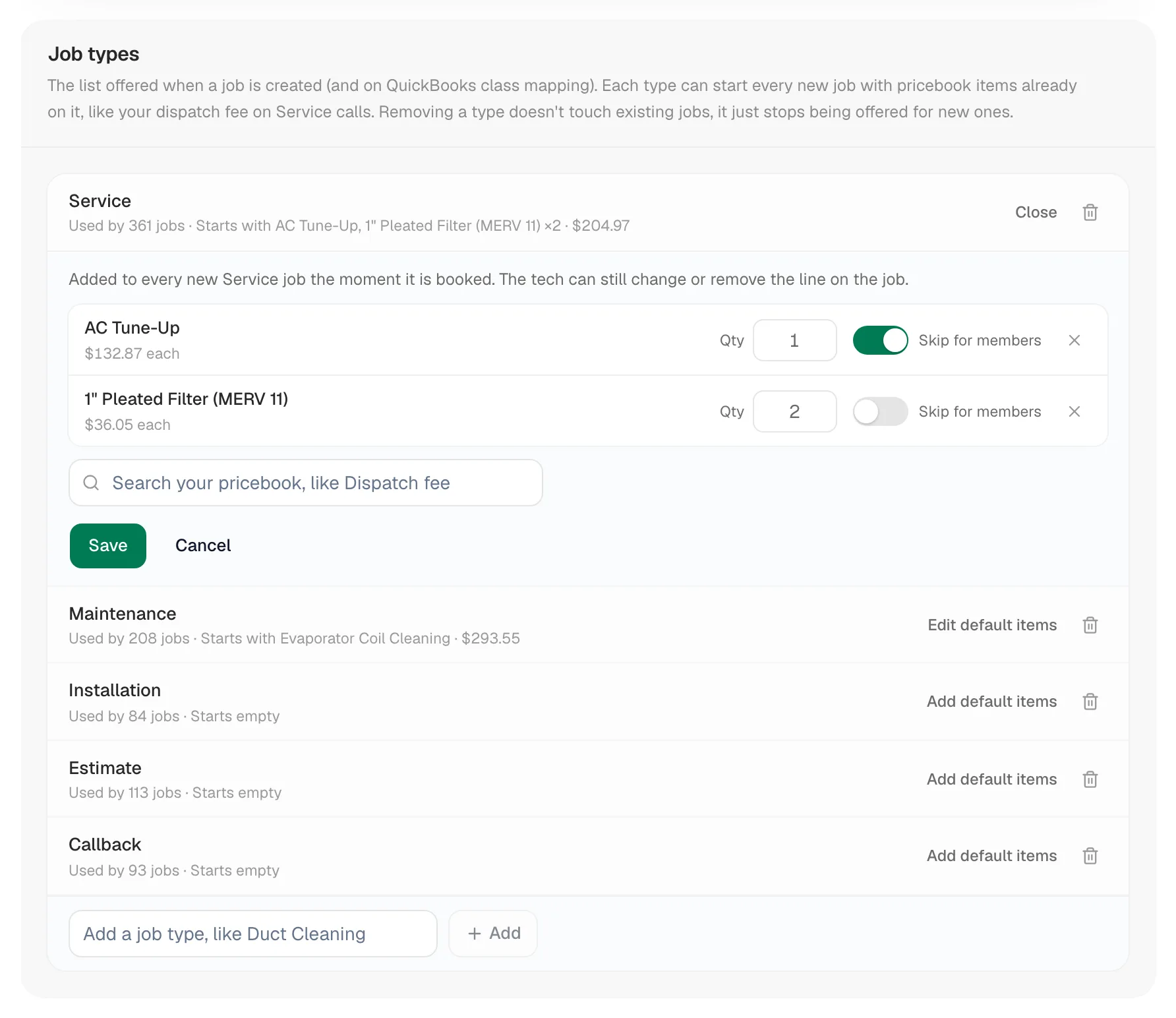Job types settings with the Service default items open, showing Qty, Skip for members and the pricebook search