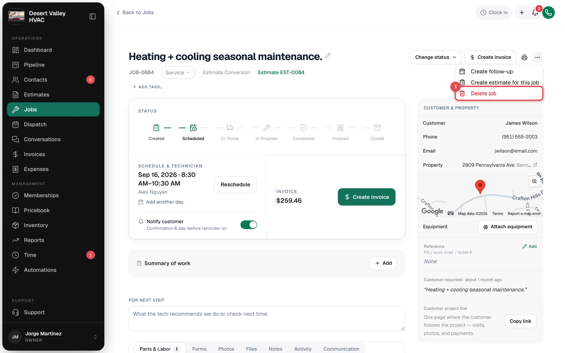 Job page with the more menu open and Delete job highlighted