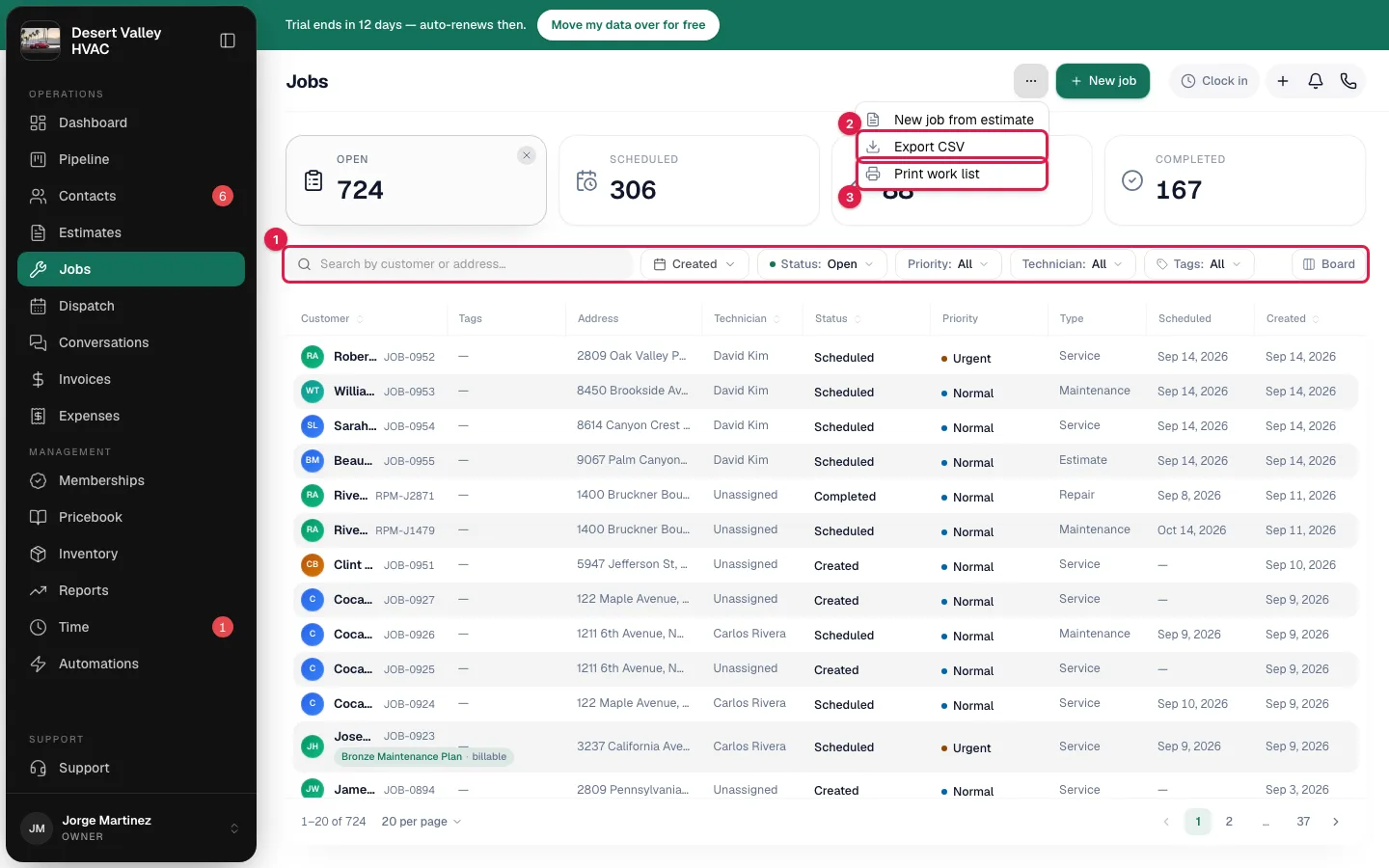 Jobs page with the More actions menu open showing Export CSV and Print work list