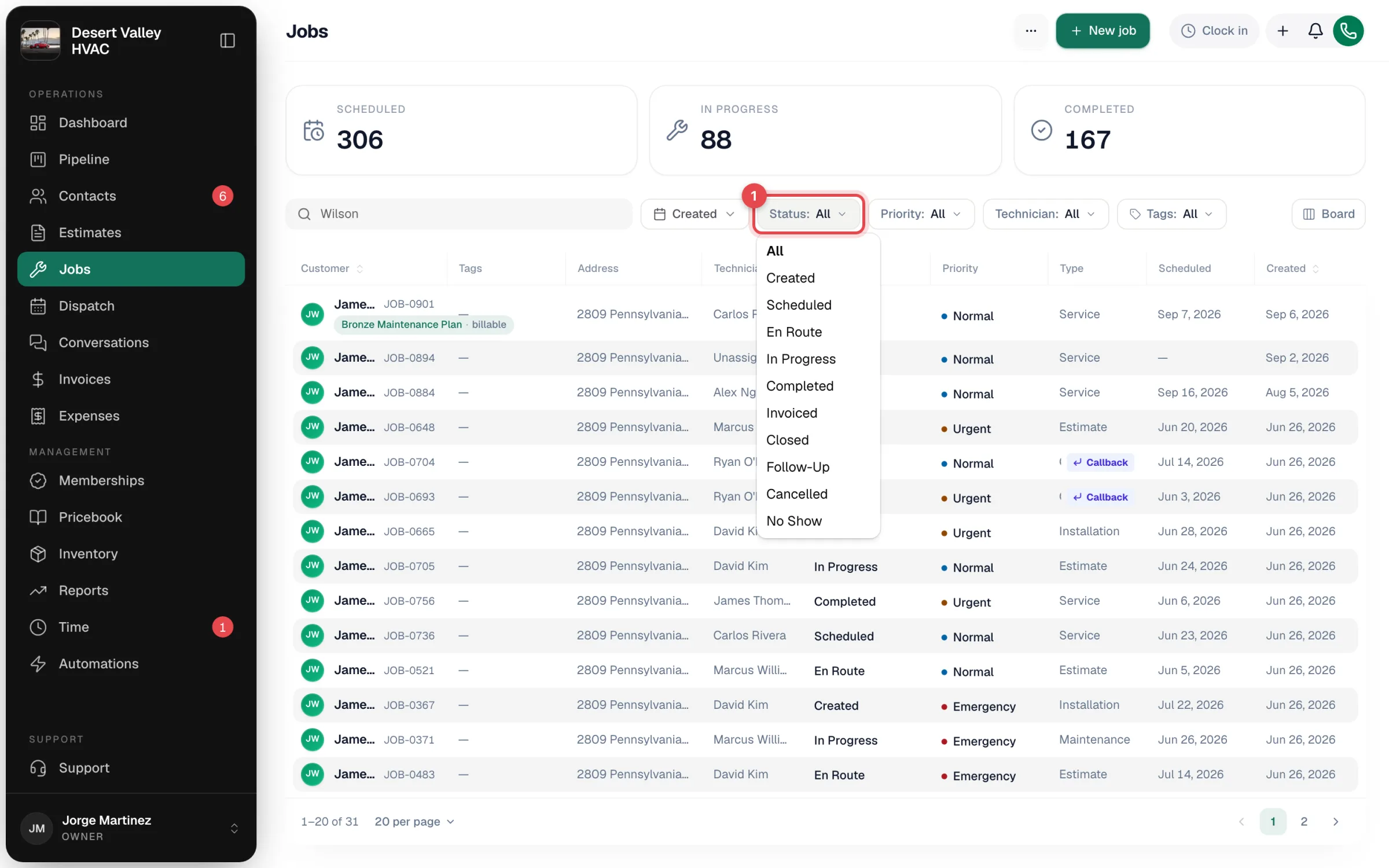 Jobs page with the Status filter open showing every job status